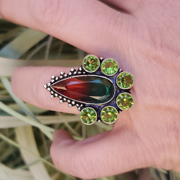 New Bi-Color Tourmaline & Peridot 925 Silver Statement Ring. - Picture 4 of 16